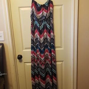 Maxi dress, pink, white, and blues. Size L